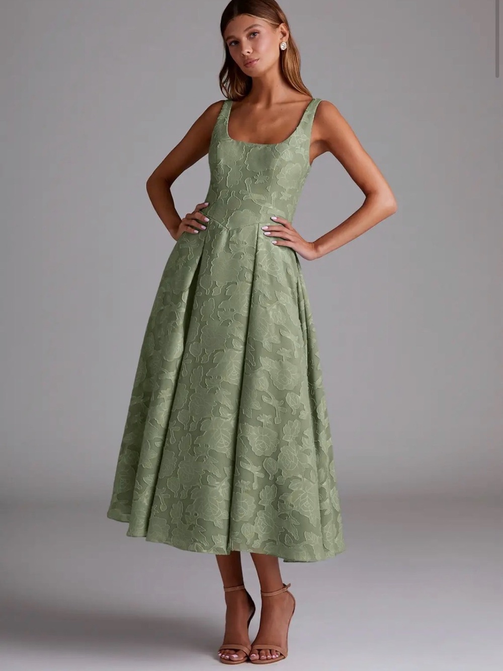 Azazie Amalie Pistachio A-Line Pleated Floral Burnout Dress